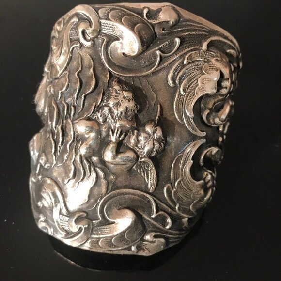 Kissing Cherub Wide Sterling Silver Cuff Bracelet Unger Brothers Angel Putti - Picture 7 of 13
